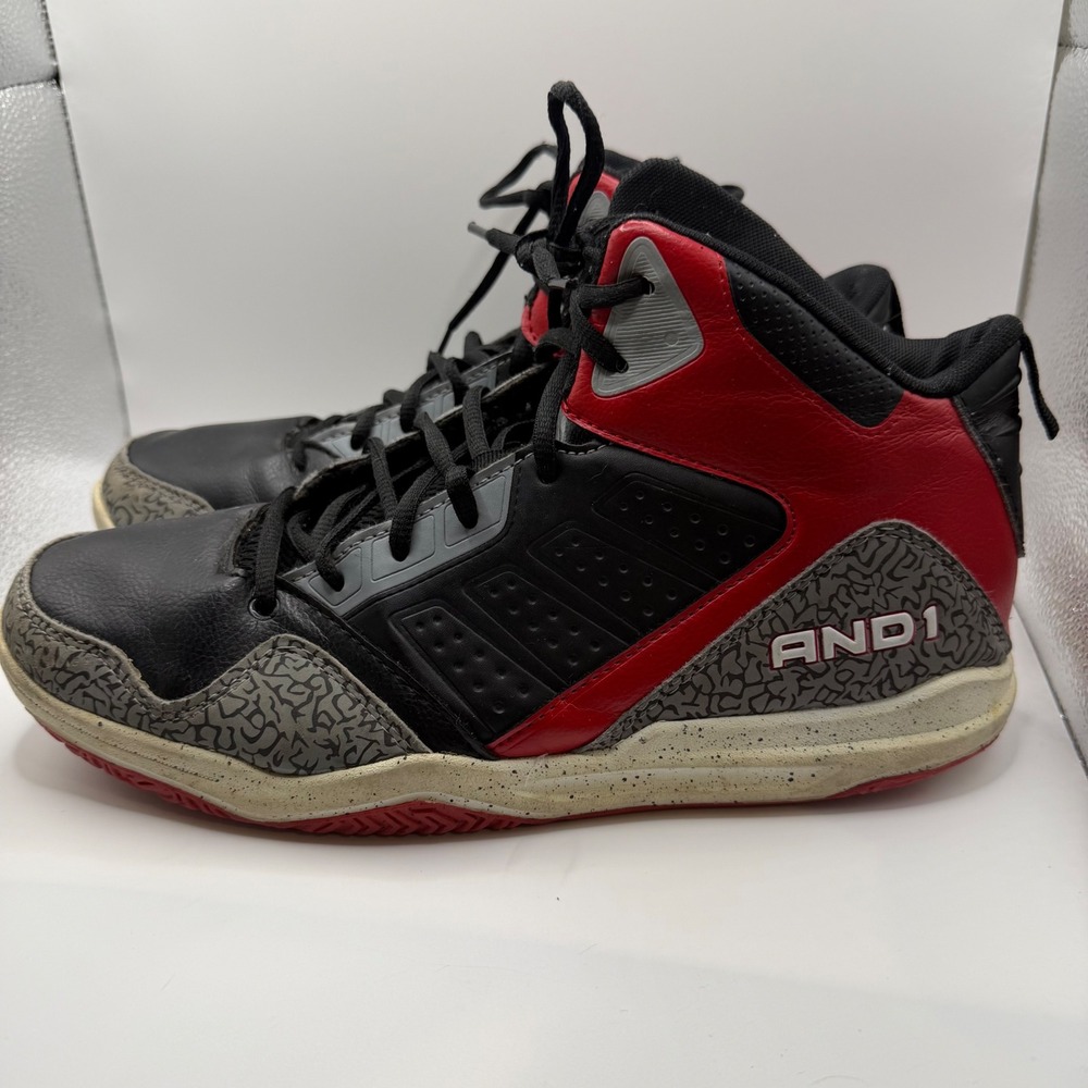 AND1 High Top Basketball Sneakers Shoes Black Red Elephant Print Mens Size 11
